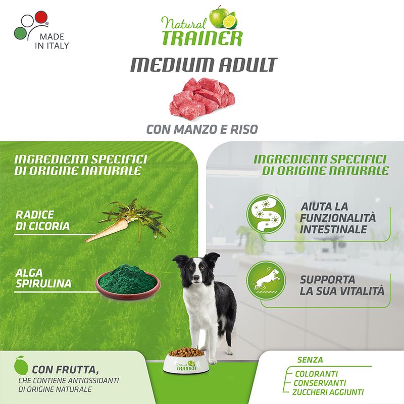 Natural Trainer Medium con Manzo, Riso e Ginseng Crocchette per cane